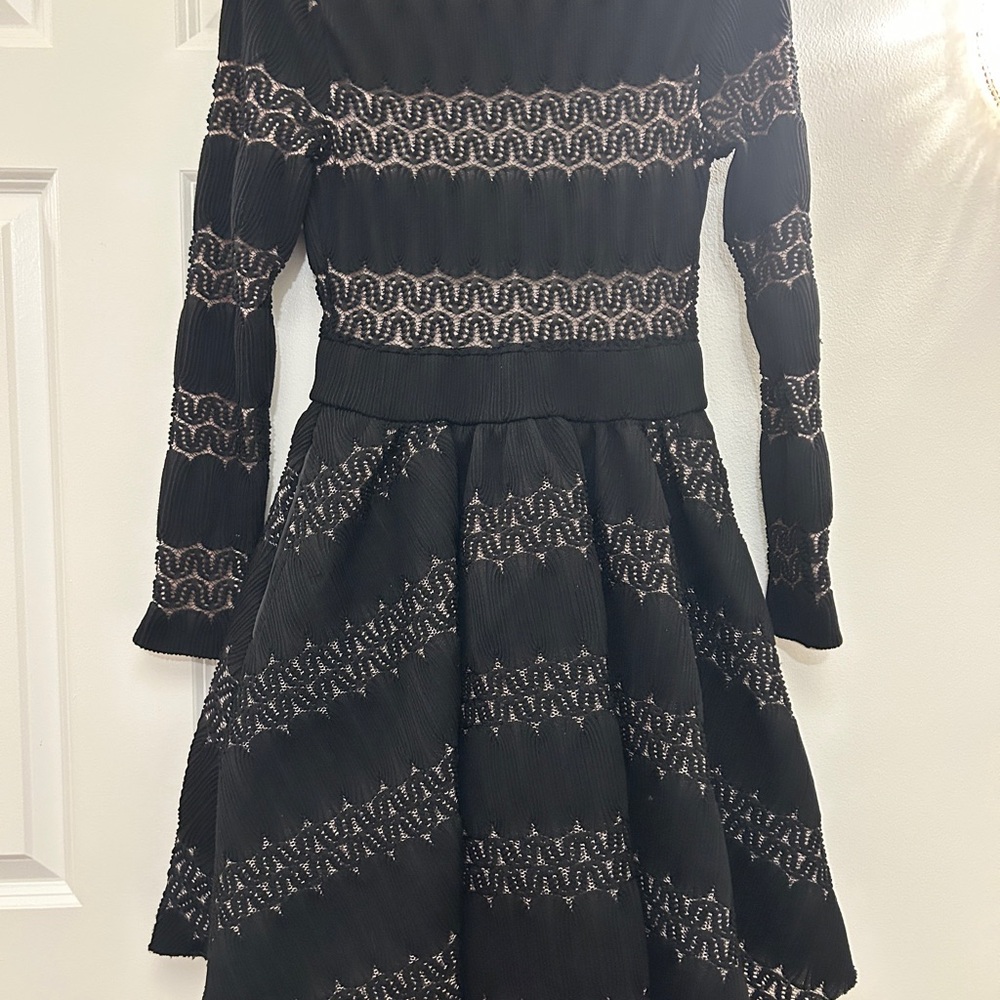 Maje Black Long-Sleeve Fit-and-Flare Dress with Metallic Stitching - Picture 1 of 7